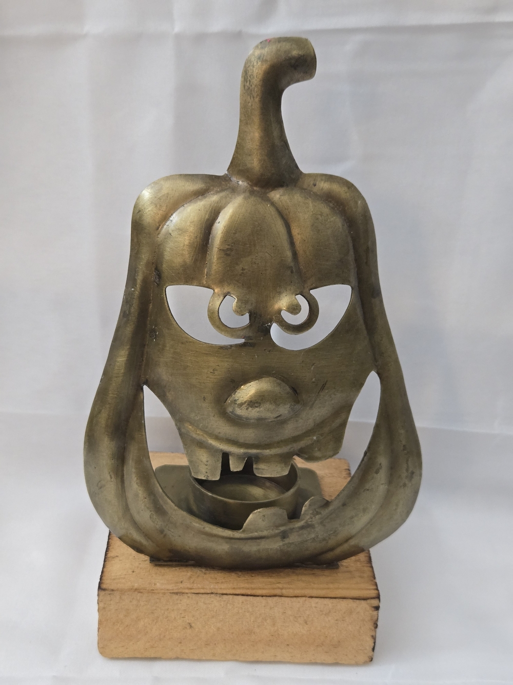 Metal Jack O Lantern Pumpkin Tealight Candle Holder Wood Base Halloween 9"